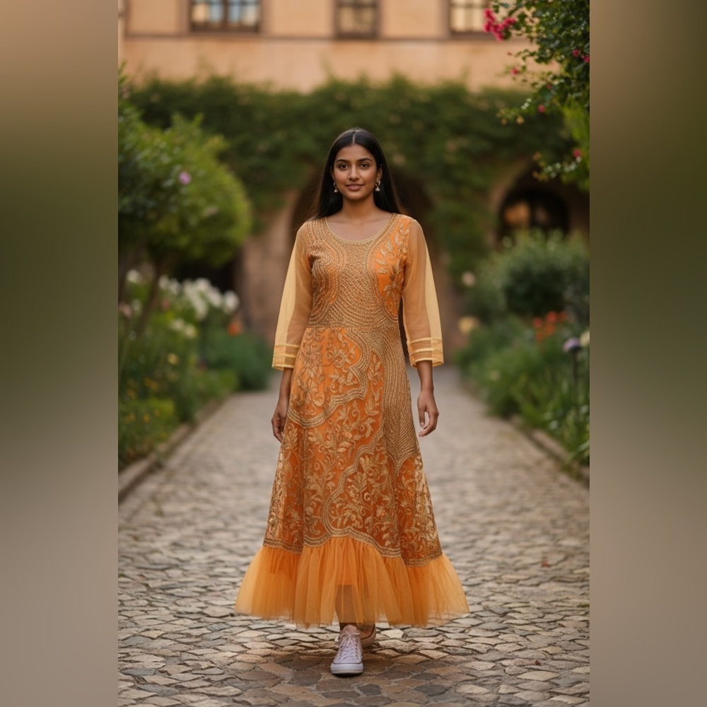 Bombay Editions Special Occasion Tulle Orange Maxi Dress Size Medium Tall NWT